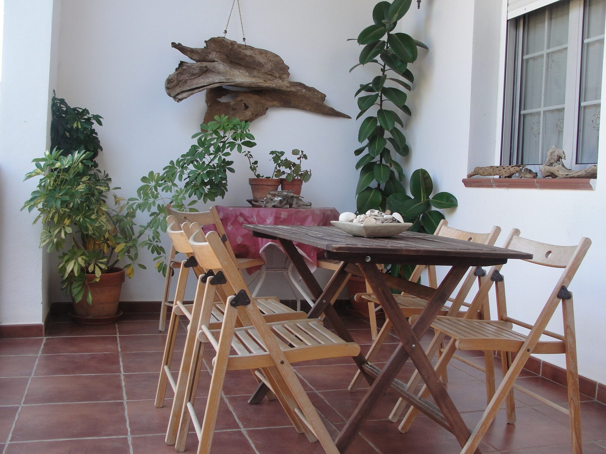 Mesa del comedor junto a las plantas