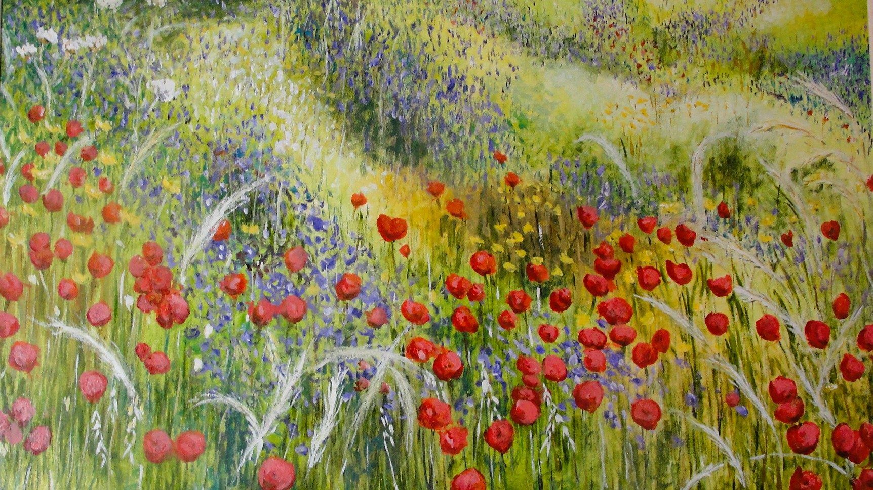 Cuadro de un campo de amapolas y flores silvestres