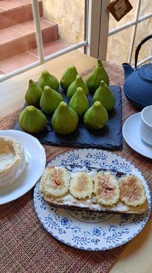 Higos frescos y tostada con higos en el desayuno