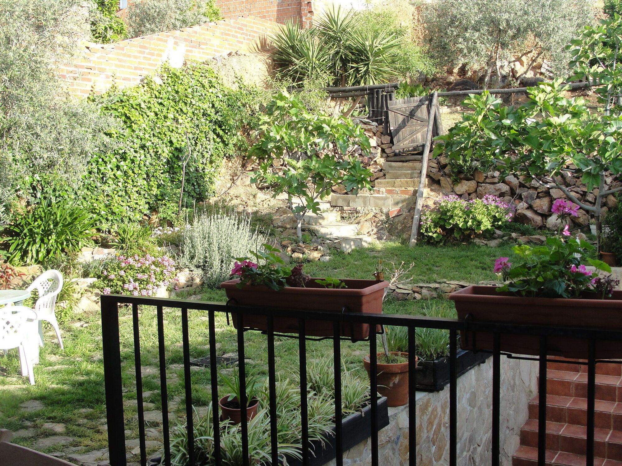 Una de las terrazas o «canchos» del jardín, con las flores en primavera