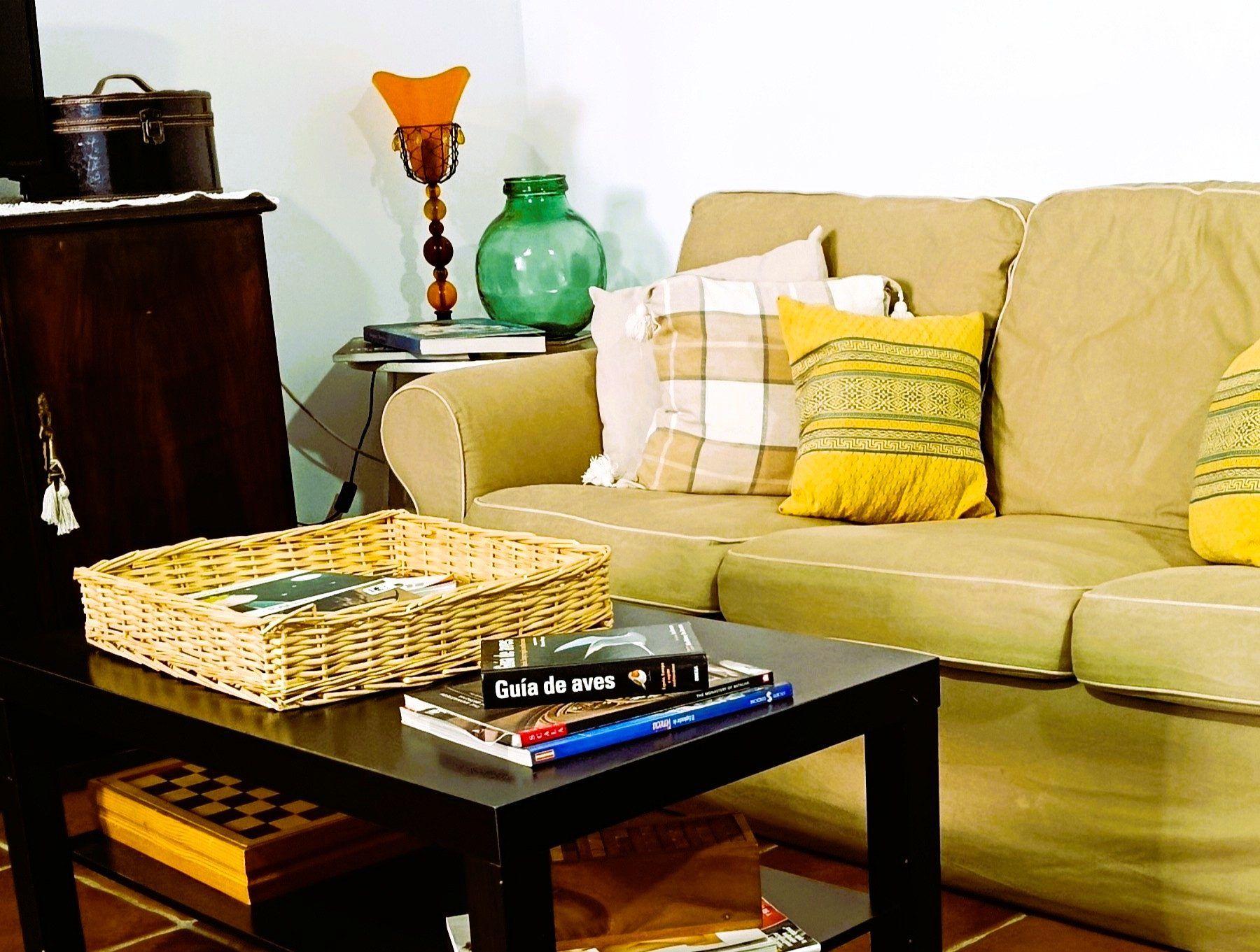 Sofá verde y mesa de centro del salón de la casa